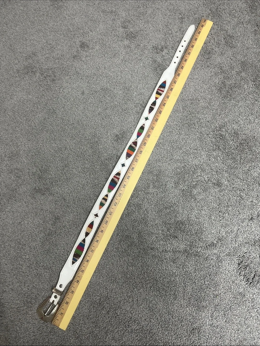 South Western White Leather Belt Tapestry Silver Buckle Size 30
